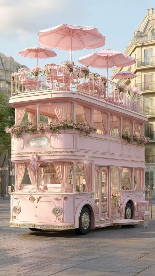 Dreamy Pink Bus Cafe in European City Street