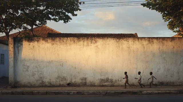 Brazilian Street Scene Children Running Golden Hour
