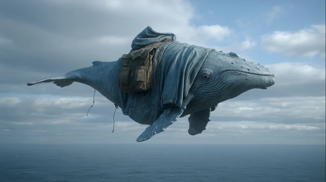 Hyperrealistic Flying Whale with Oversized Sweatshirt