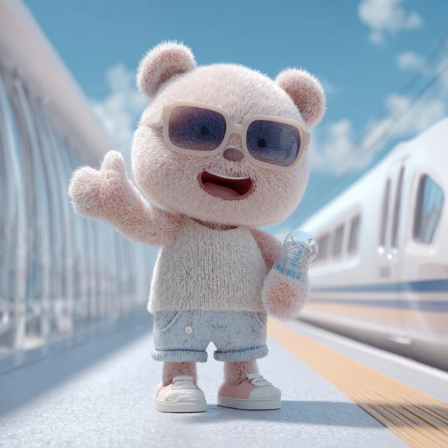 Fluffy Bear Character At Train Station 3D Illustration