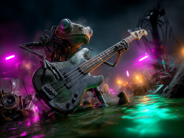 Biomechanical Frog Bassist in Toxic Swamp
