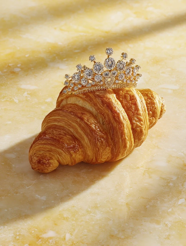Golden Croissant with Diamond Crown Hyperrealistic