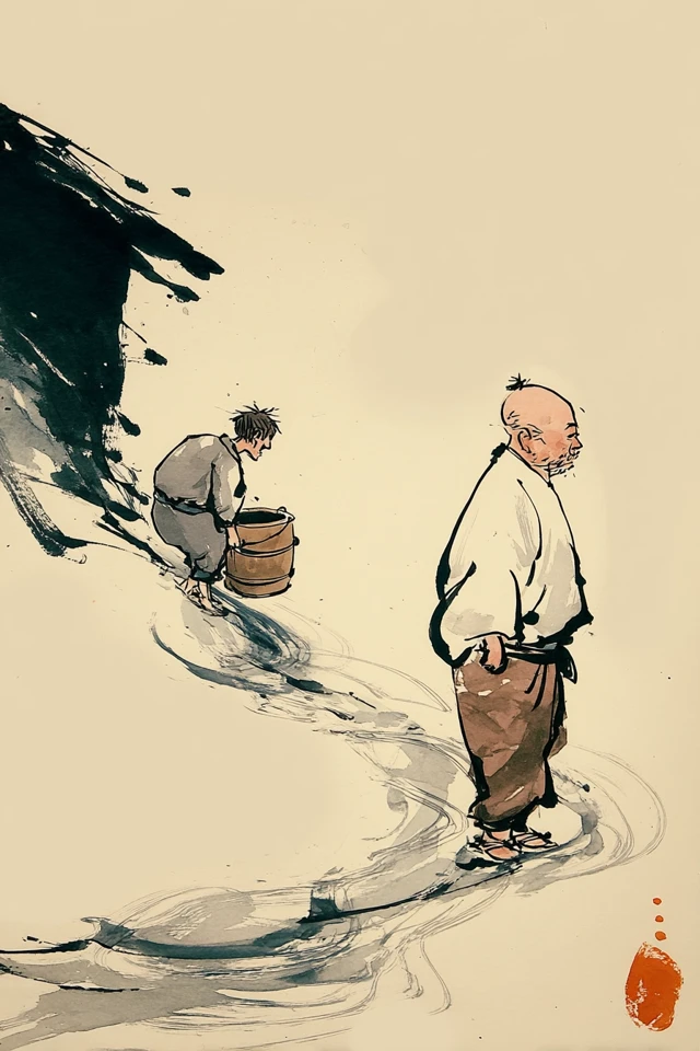 Japanese Sumi e Ink Painting Rural Scene