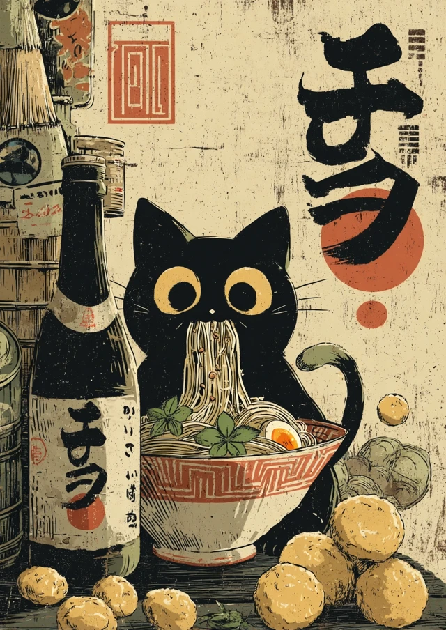Ukiyo-e Cat Ramen Illustration