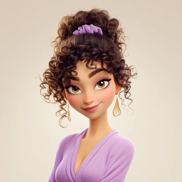 3D Cartoon Portrait: Curly-Haired Woman in Lavender
