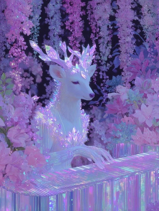 Deer Musician at Piano Surreal Pastel Art