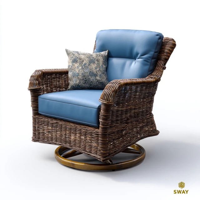 Wicker Swivel Glider Chair with Blue Cushions