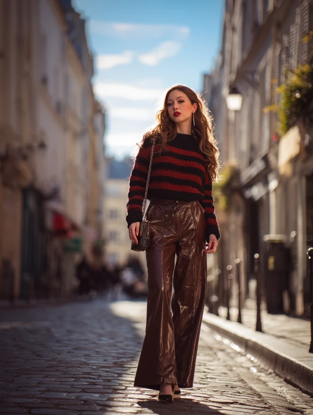 Paris Fashion Chic Woman in Leather Pants