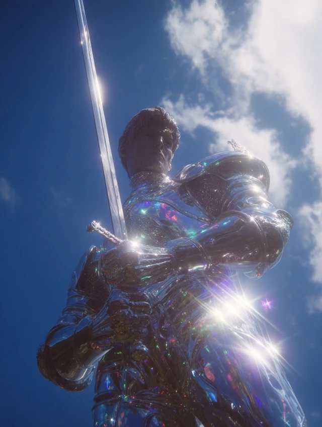 Metallic Warrior in Crystal Armor Under a Blue Sky