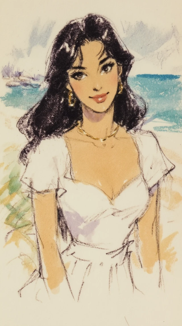 Asian Woman Portrait Beach Don Bluth Style