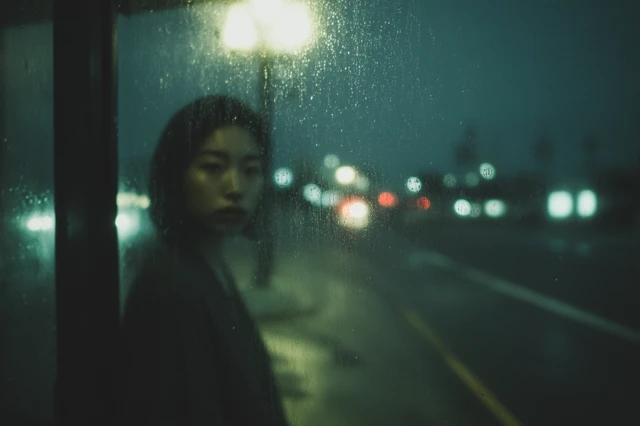 Rainy Night Asian Woman Waiting At Bus Stop