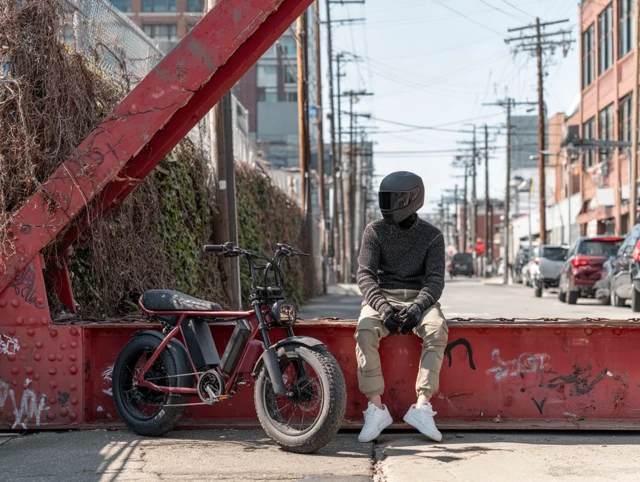 Urban Rider with Electric Bike in Industrial Setting
