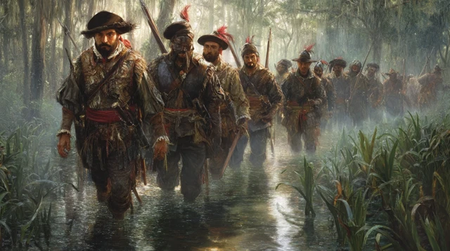Mayan Warriors in a Swamp Ambush Dawn