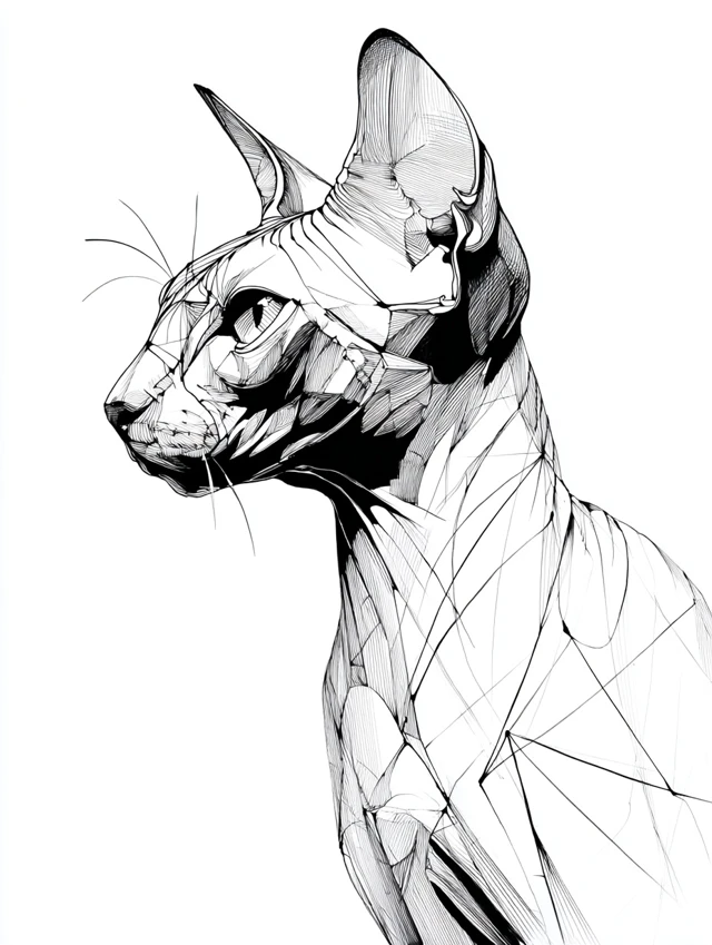 Sphynx Cat Line Art Black and White Illustration