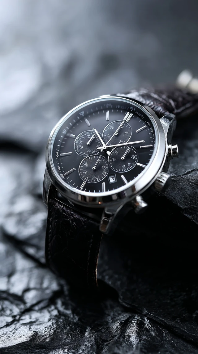 Luxury Silver Chronograph Watch on Dark Stone