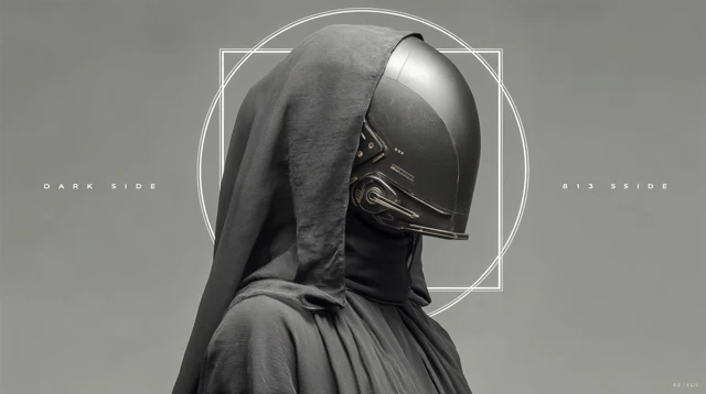 Futuristic Masked Figure with Eerie Expression