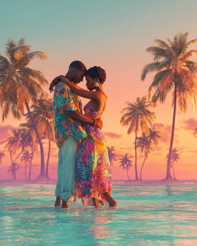 Tropical Romance AfroCaribbean Couple Beach Sunset