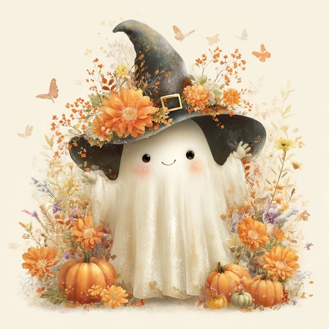 Cute Cartoon Ghost in Witch Hat Halloween Illustration