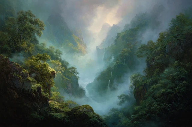 Lush Canyon Oil Painting: Waterfall in Twilight