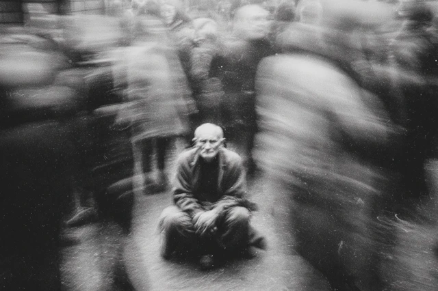 Old Man in Crowd Cinematic Black and White Photo
