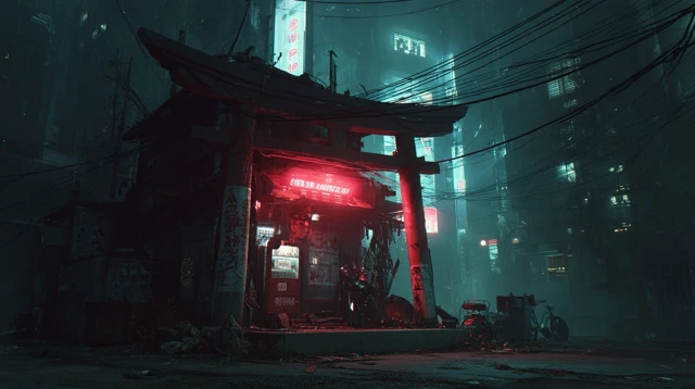 Cyberpunk Shrine Night Scene