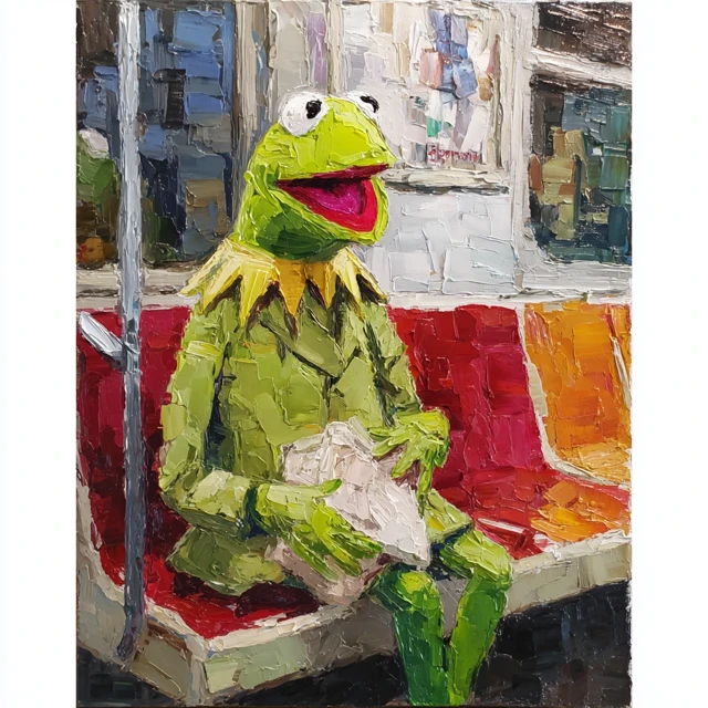 Kermit the Frog on NYC Subway Impasto Painting