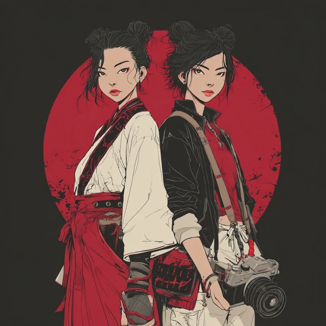 Japanese Priestesses Twin Sisters Anime Art
