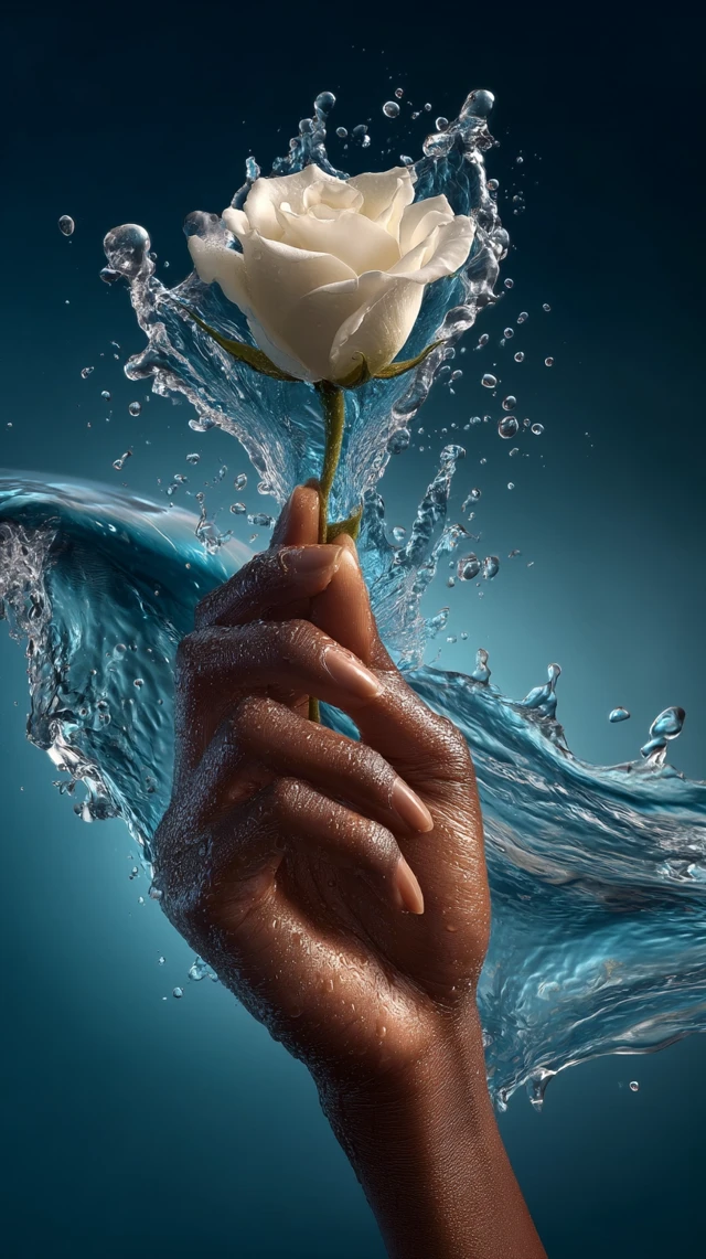 Hand with Rose and Water Cinematic Closeup