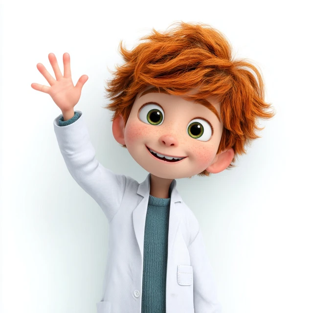Pixar Boy in Lab Coat Smiling and Waving