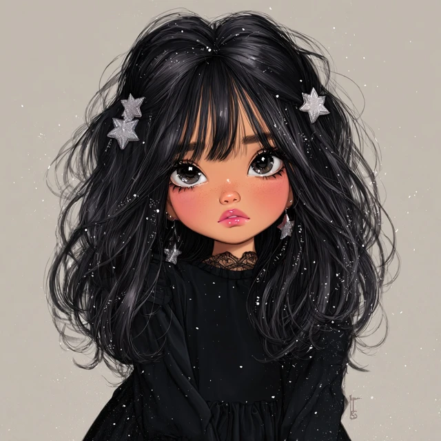 Cute Anime Girl with Black Hair and Star Hair Clips