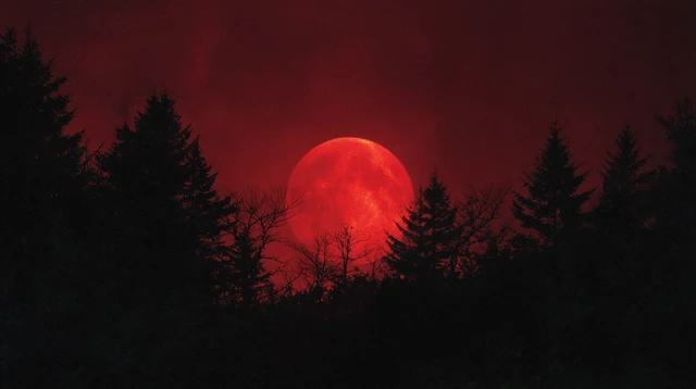 Ominous Red Moon Night Horror Scene 1980s