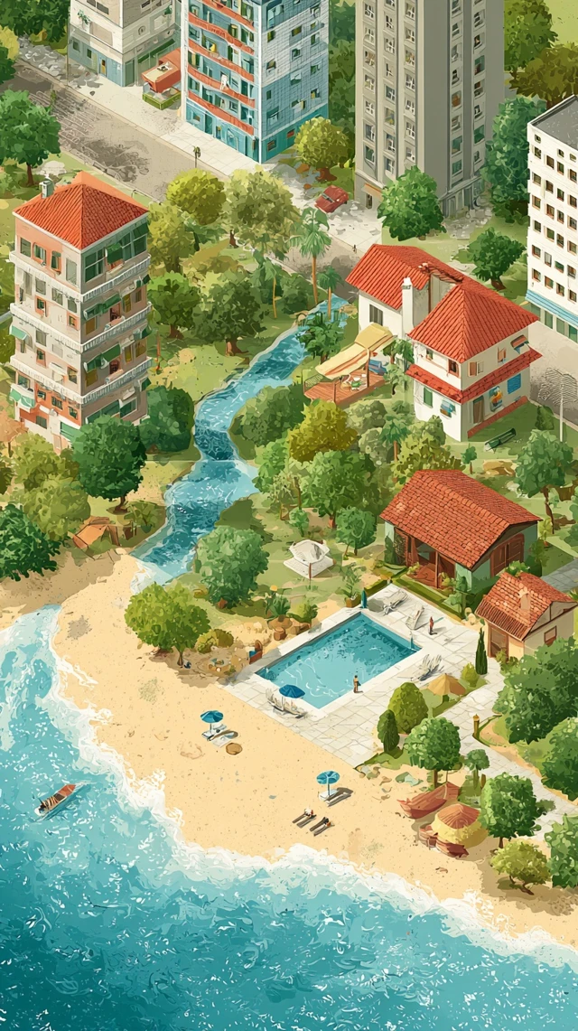 Beachfront Homes and Beach Illustration in Daylight