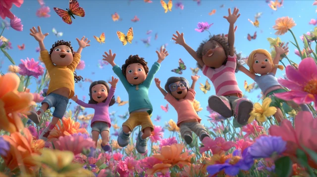 Kids Jumping in a Sunny Park 3D Cartoon Scene