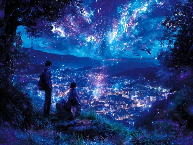 Dreamy Anime Landscape Aurora Children City View