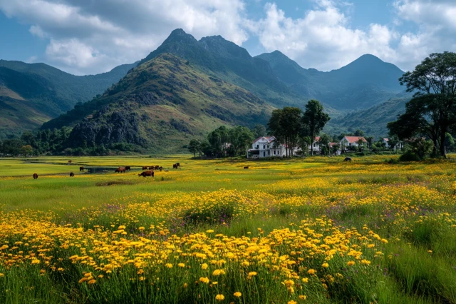 Vietnamese Field with Flowers and Artist Painting