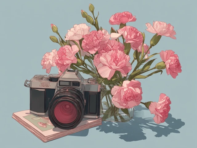 Carnation Bouquet with Camera Illustration