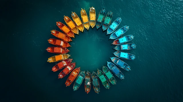 Fishing Boats Circle at Sea - Colorful Aerial Photography