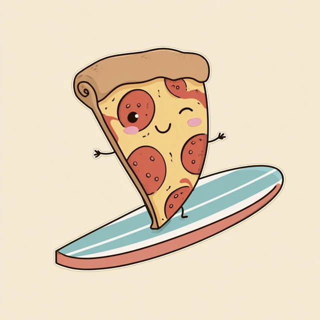 Cute Pizza Surfing Cartoon Illustration