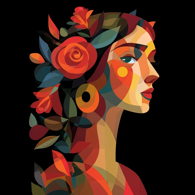 Cubist Portrait Woman with Roses