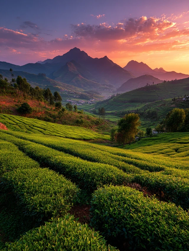 Tea Plantation Sunset Tranquil Landscape