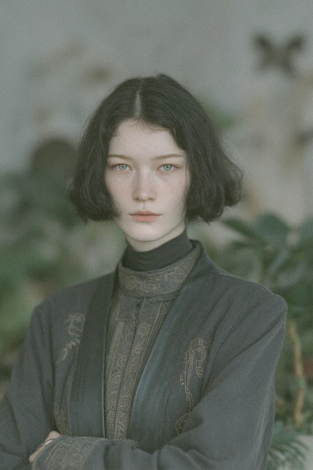 Brooding Woman with Cat Ears in a Botanical Setting