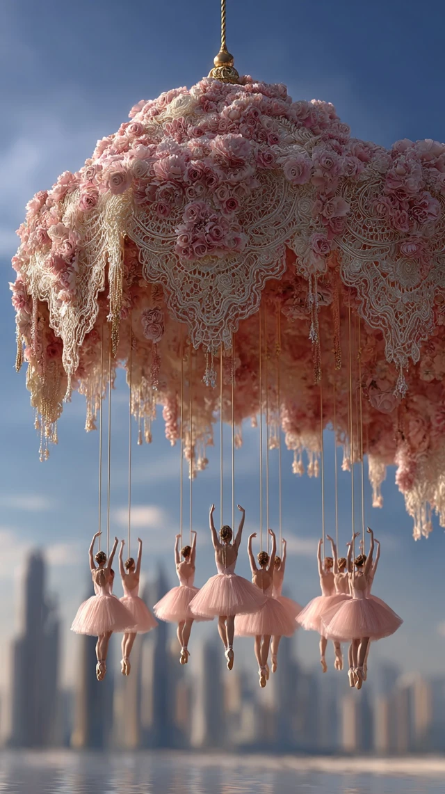 Dreamy Ballet Scene Lace Canopy Cityscape