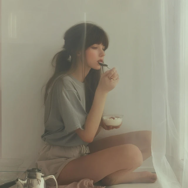 Japanese Girl Eating Yogurt Photo Realistic