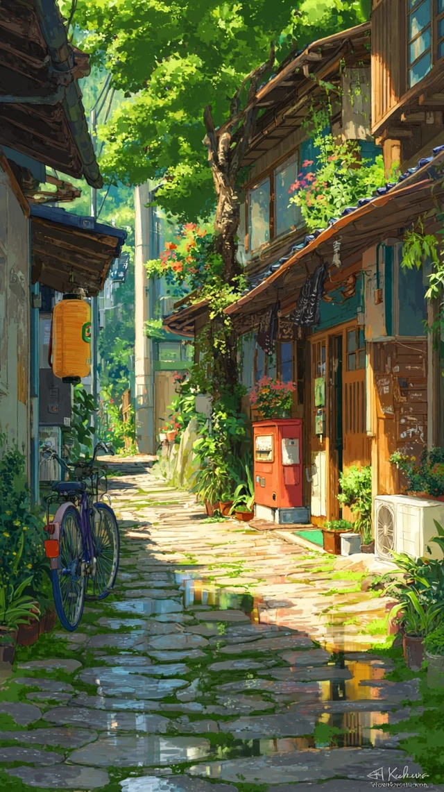 Japanese Village Street Watercolor Anime Art
