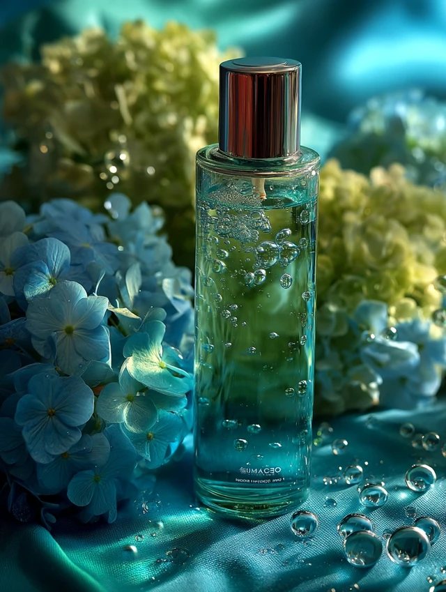 Skincare Bottle with Blue Flowers and Bubbles