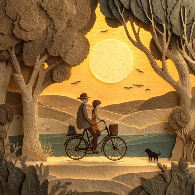 Father and Daughter Bike Ride in Paper Art Style