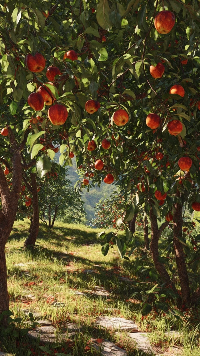 Hyperrealistic Orchard Scene Late Summer Apples