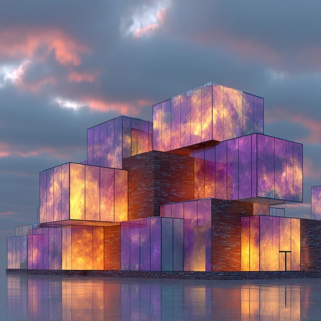 Voxel Architecture: Red Brick Cubes and Translucent Glass