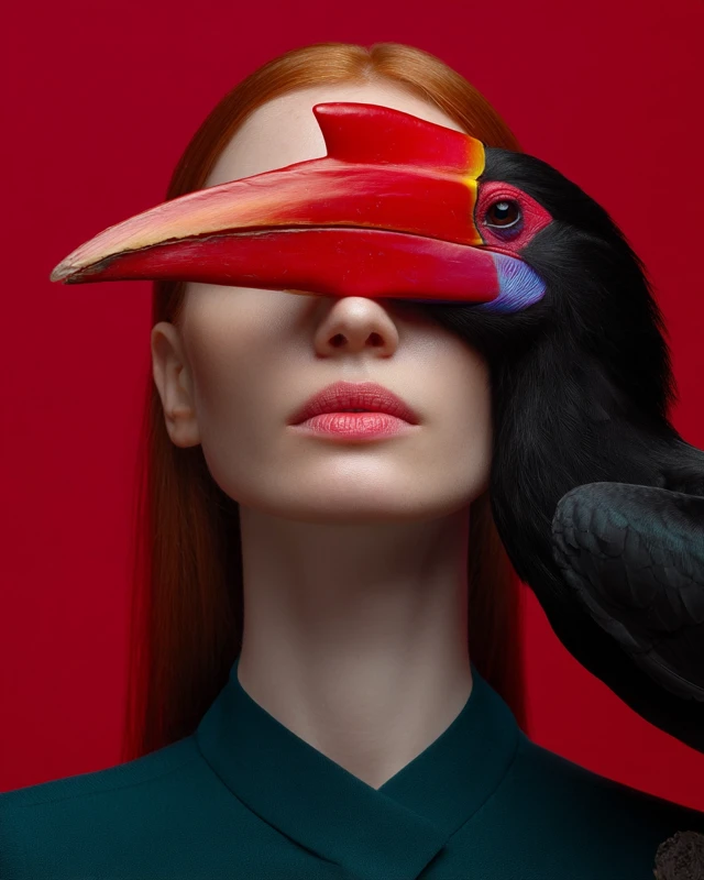 Red Haired Girl Portrait Surreal Hornbill Fashion