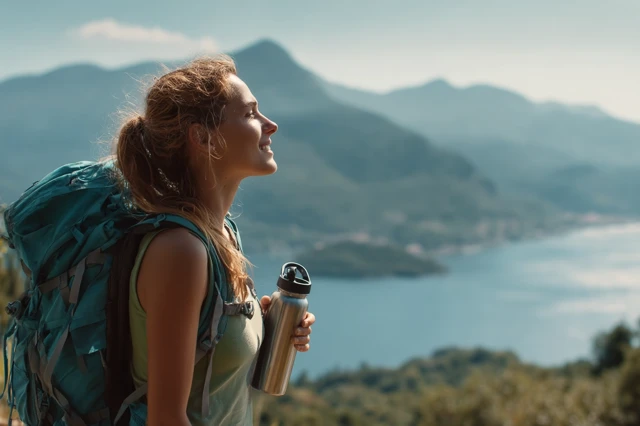 Woman Hiking Mountains with Water Bottle and Backpack